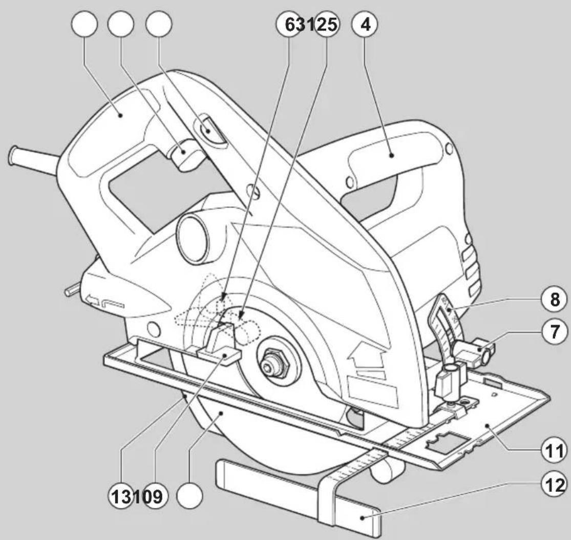 Technical diagram of a power cutter with numbered parts labeled for identification
