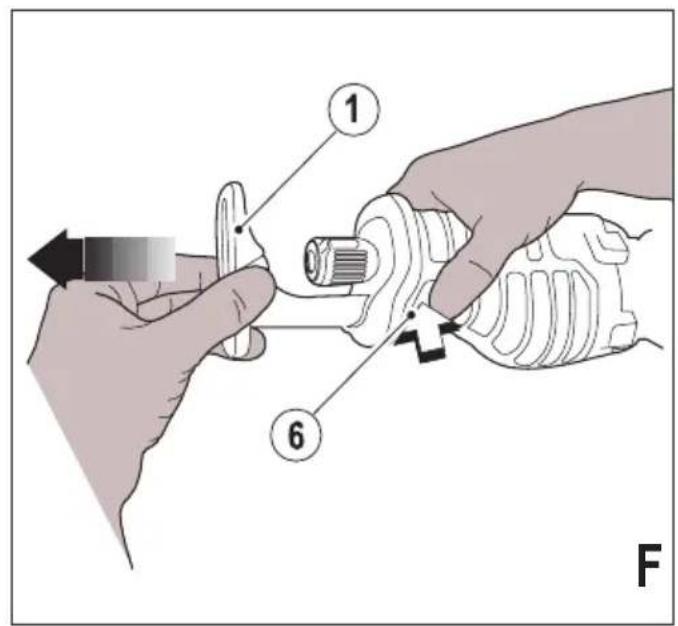Diagram showing hands operating a mechanical device with labeled parts 1 and 6, likely illustrating a tool or assembly process.