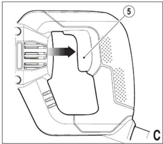 Technical diagram of a device with labeled parts and directional arrow indicating flow or movement