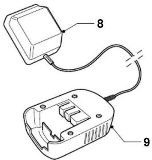 Technical diagram of a device with labeled parts 8 and 9, showing internal components connected by wires.