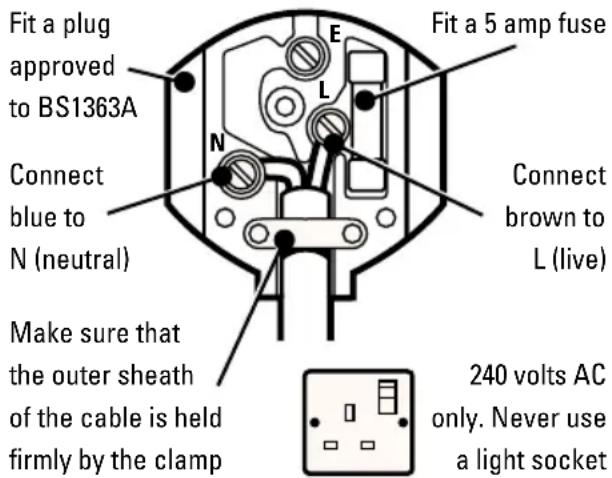 Fit a plug approved to BS1363A Connect blue to N (neutral) Make sure that the outer sheath of the cable is held firmly by the clamp E L N Connect brown to L (live) Fit a 5 amp fuse 240 volts AC only. Never use a light socket