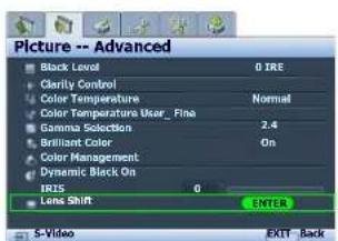 Picture -- Advanced Black Level 0 DRE Clarity Control Normal Color Temperature Color Temperature User_Fine Gamma Selection 2.4 Brilliant Color On Color Management Dynamic Black On IRIS 0 Line Shift ENTER S-Video EXIT Back