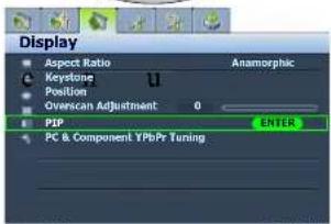 Display Aspect Ratio Anamorphic Keystone Position Overscan Adjustment 0 PIP PC & Component YPbPr Tuning ENTER