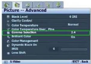 Picture -- Advanced Black Level 0 IRE Clarity Control Normal Color Temperature User_Fina Gamma Selection 2.4 Brilliant Color On Color Management Dynamic Black On IRIS G Lens Shift S-Video EXIT Back