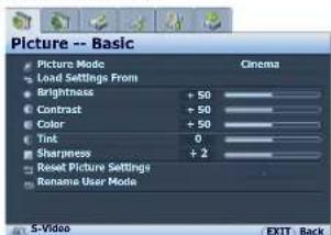 Picture -- Basic Picture Mode Load Settings From Brightness + 50 Contrast + 50 Color + 50 Tint 0 Sharpness + 2 Reset Picture Settings Rename User Mode S-Video EXIT Back