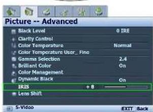 Picture -- Advanced Black Level 0 TRE Clarity Control Normal Color Temperature User_Fine Gamma Selection 2.4 Brilliant Color On Color Management Dynamic Black On IRIS + 8 Lene Shift S-Video EXIT_Back