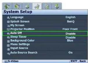 System Setup Language English Splash Screen RanQ My Screen Projector Position Floor Front Auto Off Disable Sleep Timer Disable Background Color Blue Main Settings Input Source Auto Source Search On 5-Video EXIT Back