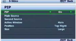 PIP PIP Main Source Second Source Active Window Position Size On Main Top-Right Large EXIT Back