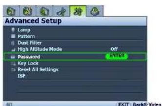 Advanced Setup Lamp Pattern Dust Filter High Altitude Mode Off Password ENTER Key Lock Reset All Settings ISF EXIT: BackS-Video