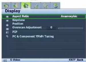 Display Aspect Ratio Anamorphic KeyClone Position Overscan Adjustment 0 PIP PC & Component YPbPr Tuning 5-Video EXIT Back