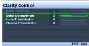 Clarity Control Noise Reduction 0 Detail Enhancement 5 Luma Transmission 0 Chroma Transmission 0 EXIT - Back