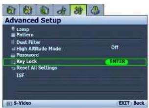 Advanced Setup Lamp Pattern Dust Filter High Altitude Mode Password Key Lock ENTER Reset All Settings TSF S-Video EXIT, Back