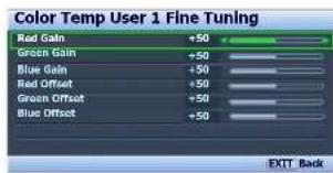 Color Temp User 1 Fine Tuning Red Gain +50 Green Gain +50 Blue Gain +50 Red Offset +50 Green Offset +50 Blue Offset +50 EXIT Back