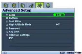 Advanced Setup Lamp ENTER Pattern Dust Filter High Altitude Mode Off Password Key Lock Reset All Settings ISF EXIT BackS-Video
