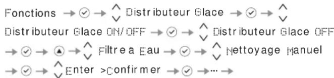 Fonctions → √ → ^ Distributeur Glace → √ → ^ Distributeur Glace ON/OFF → √ → ^ Distributeur Glace OFF → √ → ▲ → ^ Filtre a Eau → √ → ^ Nettoyage Manuel → √ → ^ Enter >Confirmer → √ → ... →