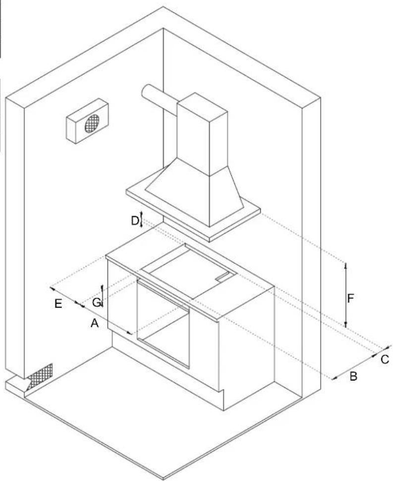 Technical diagram of a kitchen or oven with labeled dimensions and component layout