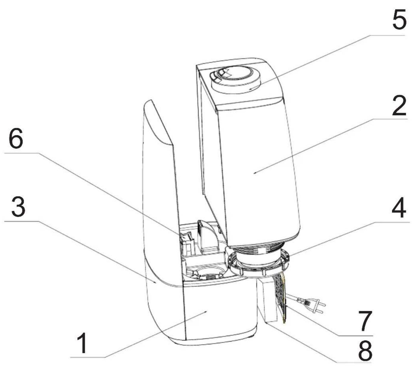 Technical diagram of a device with numbered parts labeled 1 through 8, showing internal components and assembly.