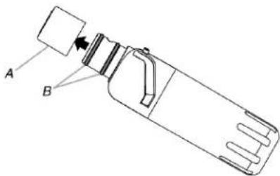 Technical diagram of a mechanical device with labeled parts A and B, showing internal components and directional arrow.
