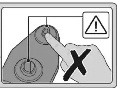 Diagram showing a hand pressing a button with warning symbol and X mark, indicating incorrect operation or failure.