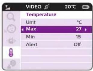 VIDEO 20°C Temperature Unit °C Max 27 Min 15 Alert Off