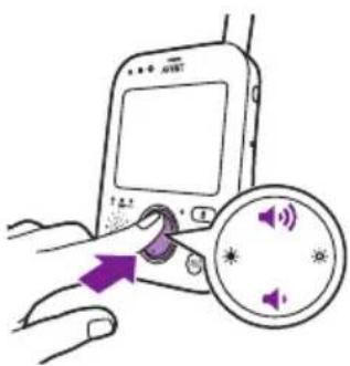 Diagram showing a hand interacting with a smartphone and a circular device displaying audio icons, with purple arrows indicating the finger movement.