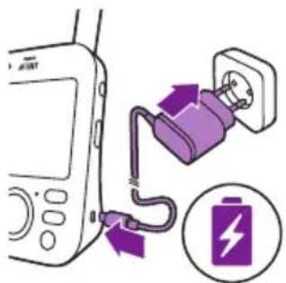 Diagram showing a battery connected to an electrical plug with purple arrows indicating charging or discharging process.