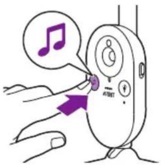 Illustration of a handheld electronic device with a purple arrow pointing to its button, accompanied by a music note icon.