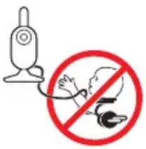 Safety warning sign showing a device emitting a plug and a prohibition symbol for a child's safety.