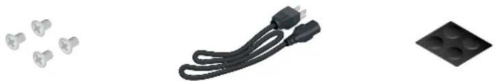 Product photo showing a black cord with two screws and a plug, alongside two metallic screw fasteners and a square button (no text or symbols visible)
