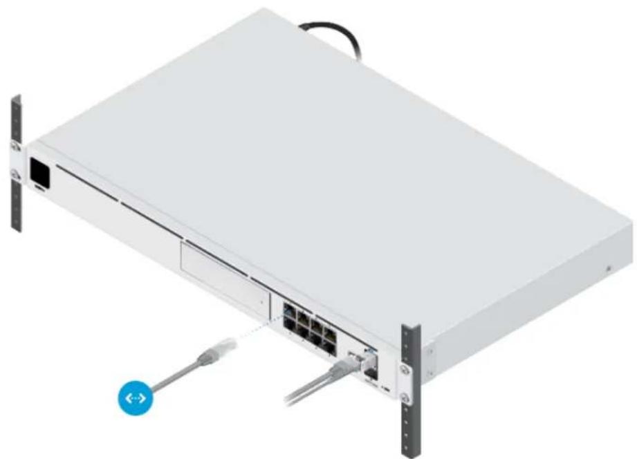 Exterior view of a network switch device with ports and connectors (no text or symbols visible)