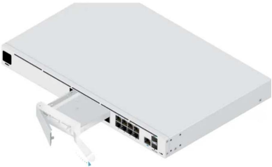 3D rendering of a white server rack with multiple ports and a mechanical arm attachment (no text or symbols visible)