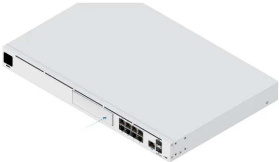 Exterior view of a white network switch device with multiple ports and indicator lights (no text or symbols visible)