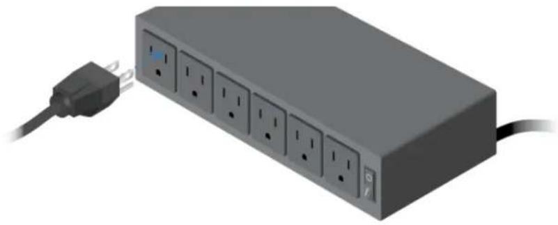 3D rendering of a gray power strip with multiple slots and a black plug attached (no text or symbols visible)