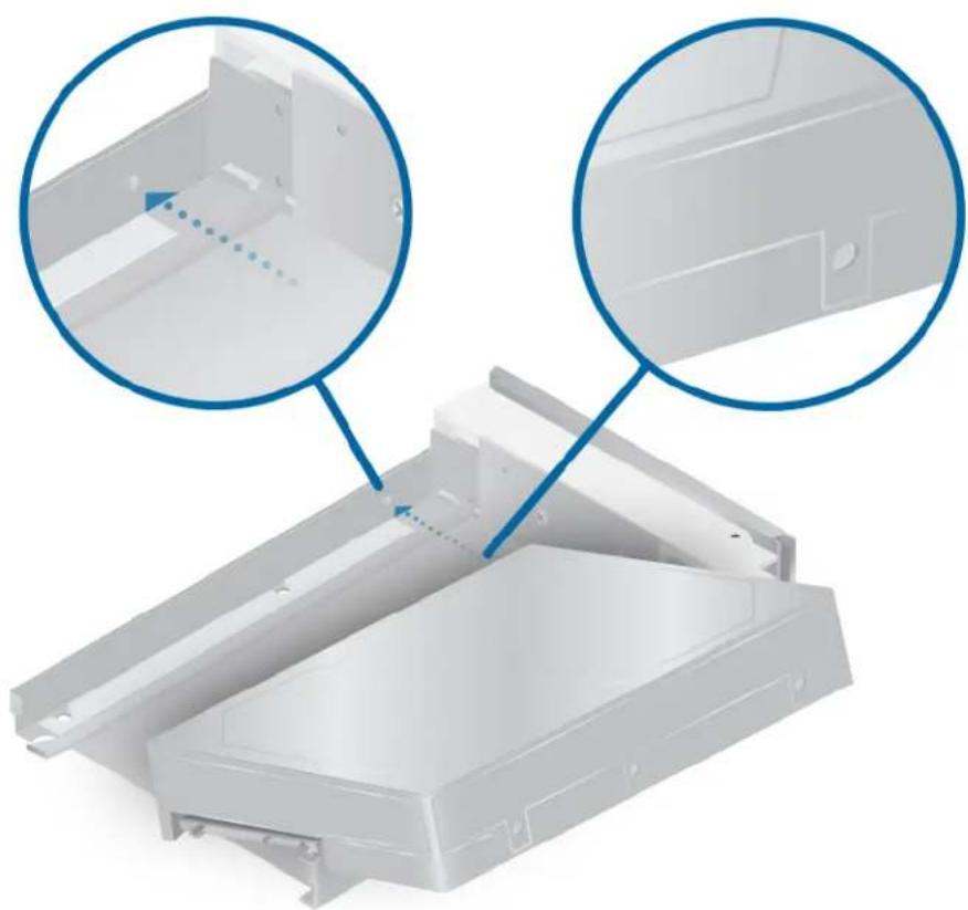 3D rendering of a white plastic electronic device with two magnified views showing internal structure (no text or symbols)