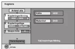 Kopiera Avvryt ala 1 Kopieringsfikling HDD HDD 2 Kopieringsfiklage MISED Ring text. 3 Skapa lista 0 Starta kopiering Källa HDD Makenhet DVD Välj kopieringsfikling.