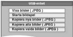 USB-enhet Visa bilder ( JPEG ) Starta bildspel Kopiera nya bilder ( JPEG ) Kopiera alla bilder ( JPEG ) Kopiera valda bilder ( JPEG )