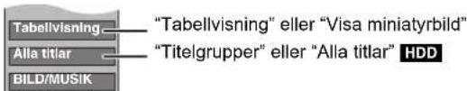 "Tabellvisning" eller "Visa miniaturbild" "Titelgrupper" eller "Alla titlar" HDD Tabellvisning Alla titlar BILD/MUSIK