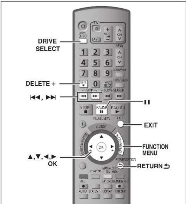 DRIVE SELECT DELETE * OK ▲,▼,◀,◀ STOP PAUSE PLAY/XL 3 PAUSEUVE TV EXIT GUIDE FUNCTION MENU RETURN OPTION CHAPTER -10s REC AUDIO STATUS DISPLAY TIME SUP RETURN ↻