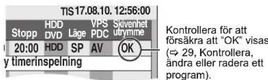 TIS17.08.10. 12:56:00 Stopp HDD Läge VPS Skøvenhet DVD PDC utrymme 20:00 HDD SP AV OK y timerinspelning Kontrollera för att försäkra att "OK" visas (→ 29, Kontrollera, ändra eller radera ett program).