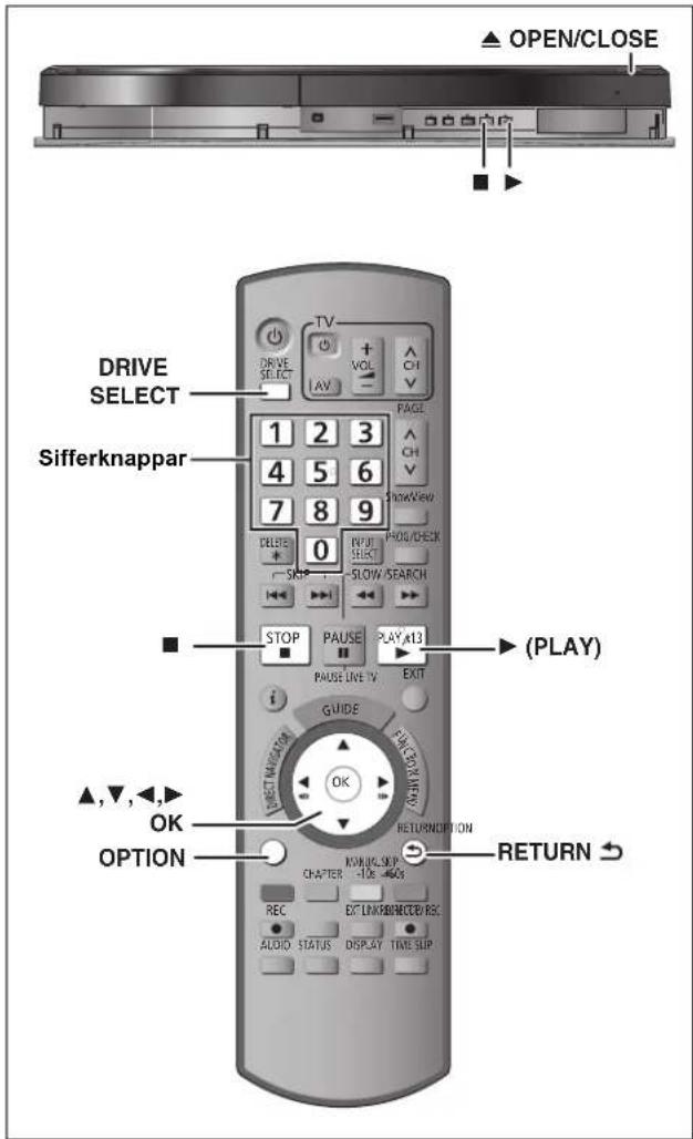 OPEN/CLOSE DRIVE SELECT Sifferknappar 1 2 3 4 5 6 7 8 9 0 SIP STOP PAUSE PLAY 13 PHO/CHECK PROG/CHECK SLOW/SEARCH EXIT GUIDE FUNCTIONER OK RETURN ONION CHAPTER -106 -406 REC ACOID STATUS DISPLAY TIME SLIP ▲,▼,◀,► OPTION ▲,▼,◀,► RETURN ←