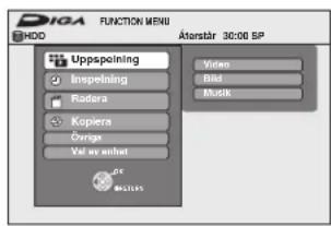 DIOA FUNCTION MENU SHOD Atorstår 30:00 SP Uppspeeling Inspeeling Radora Kopiera Ovrigs Val av anhet Video Bild Music MUSTERS