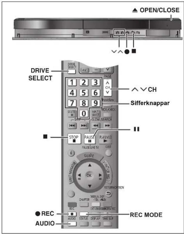▲ OPEN/CLOSE DRIVE SELECT 1 2 3 4 5 6 7 8 9 Sifferknappar CH OK SLOW SEARCH STOP PAUSE PLAY/13 FAUSE LIVE TV EXIT GUIDE RETURN/OPTION CHAPTER REC AUDIO STATUS DISPLAY TIME SLIP REC MODE ● REC AUDIO