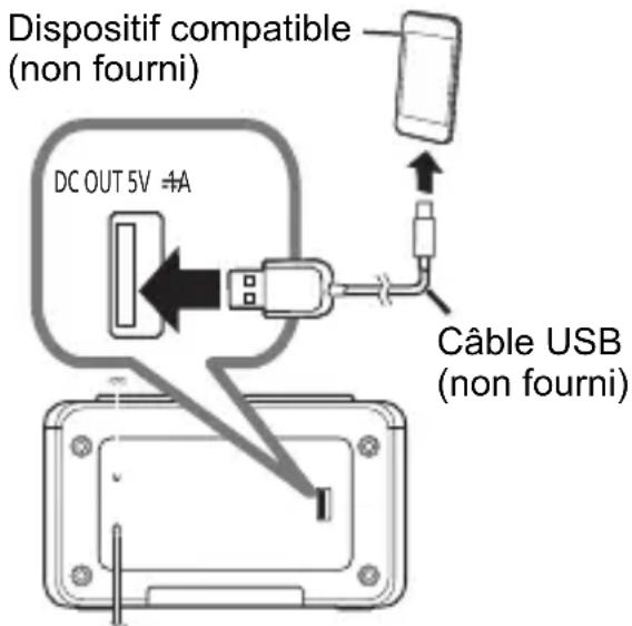 Dispositif compatible (non fourni) DC OUT 5V ≠A Câble USB (non fourni)