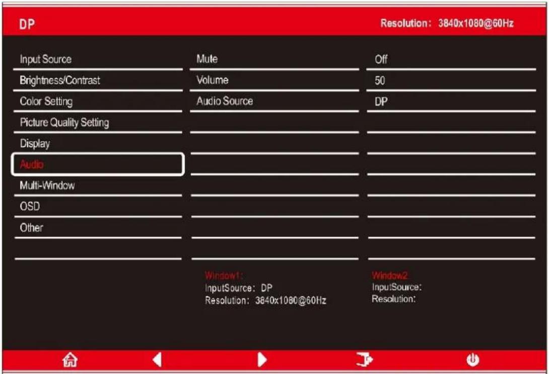 DP Resolution: 3840x1080@60Hz Input Source Mute Off Brightness/Contrast Volume 50 Color Setting Audio Source DP Picture Quality Setting Display Audio Multi-Window OSD Other Window1: InputSource: DP Resolution: 3840x1080@60Hz Window2 InputSource: Resolution: