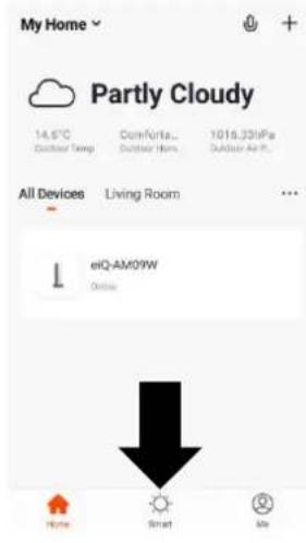 My Home Partly Cloudy 14.6°C Outdoor Temp Comfort.... Outdoor Hours 1016.33V/Fe Outdoor Air Ft. All Devices Living Room eiQ-AM09W Online Home Smart Me