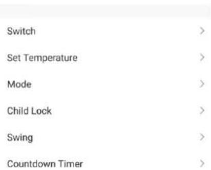 Switch > Set Temperature > Mode > Child Lock > Swing > Countdown Timer >