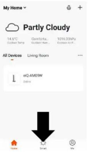 My Home Partly Cloudy 14.6°C Comforta... 1016.33hPa Outdoor Temp Outdoor Hours Outdoor Air F... All Devices Living Room ... elQ-AM09W Online Home Smart Me