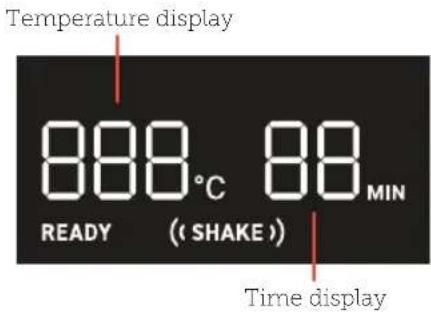 Temperature display 888°C 88 MIN READY (SHAKE) Time display