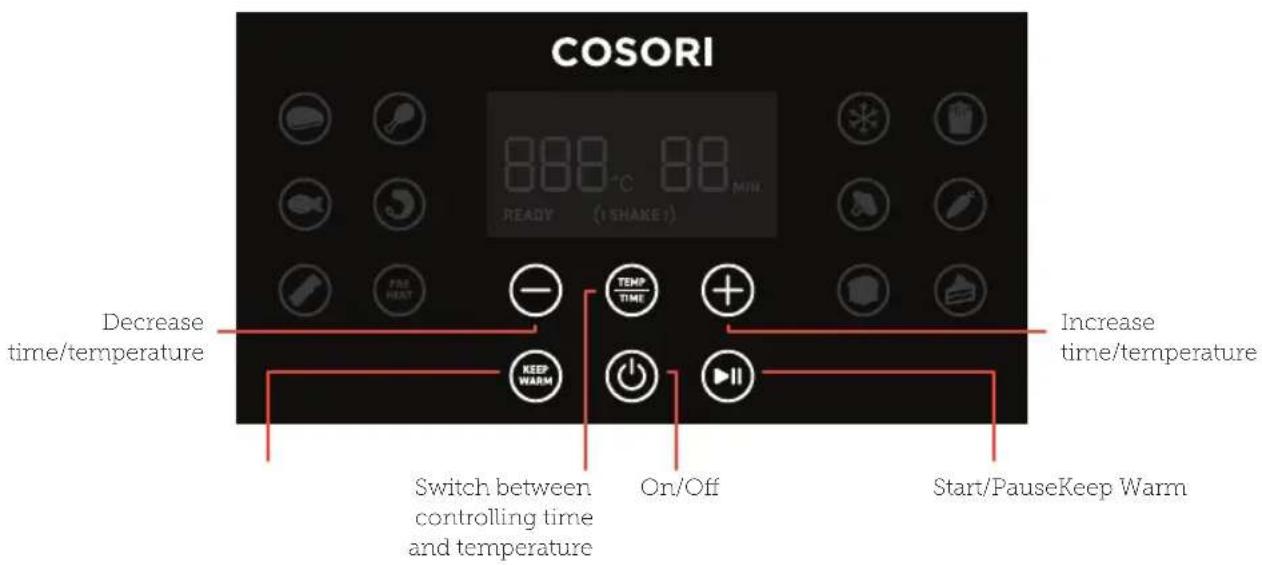 COSORI 888°C 88 MIN READY (SHAKE) Decrease time/temperature TEMP TIME + KEEP WARM On/Off Start/PauseKeep Warm Increase time/temperature Switch between controlling time and temperature
