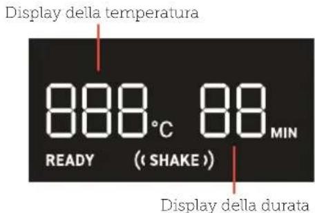 Display della temperatura 888°C 88 MIN READY (SHAKE) Display della durata